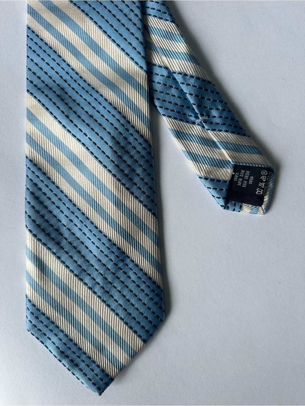 Valentino Silk Striped Necktie Blue Cream Pick-Stitch Made in Italy